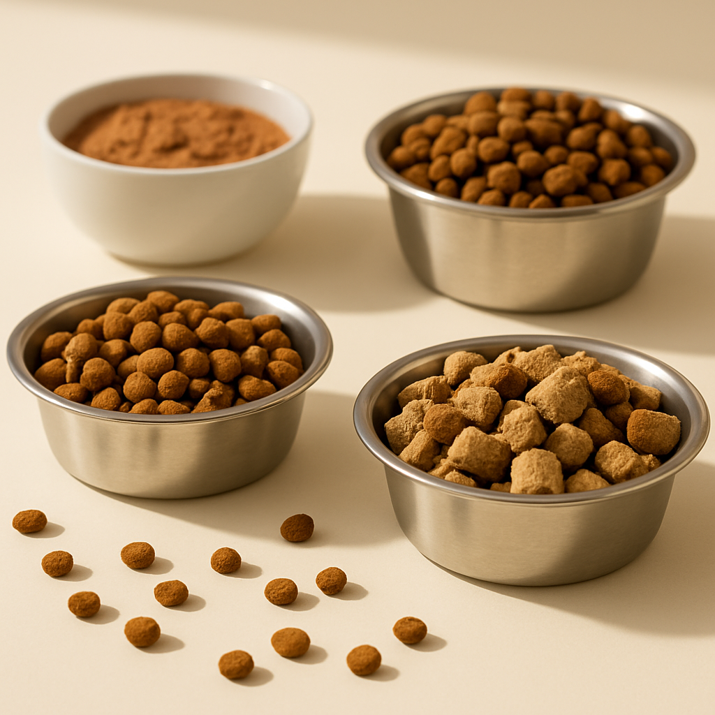 Bowls of different commercial dog food types — dry kibble, wet pate, and freeze-dried raw — on a light surface