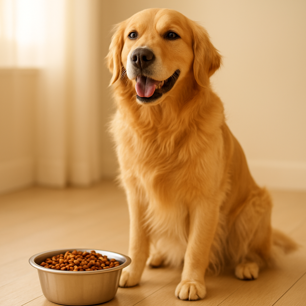 A happy golden retriever sitting beside a bowl of fresh dog food