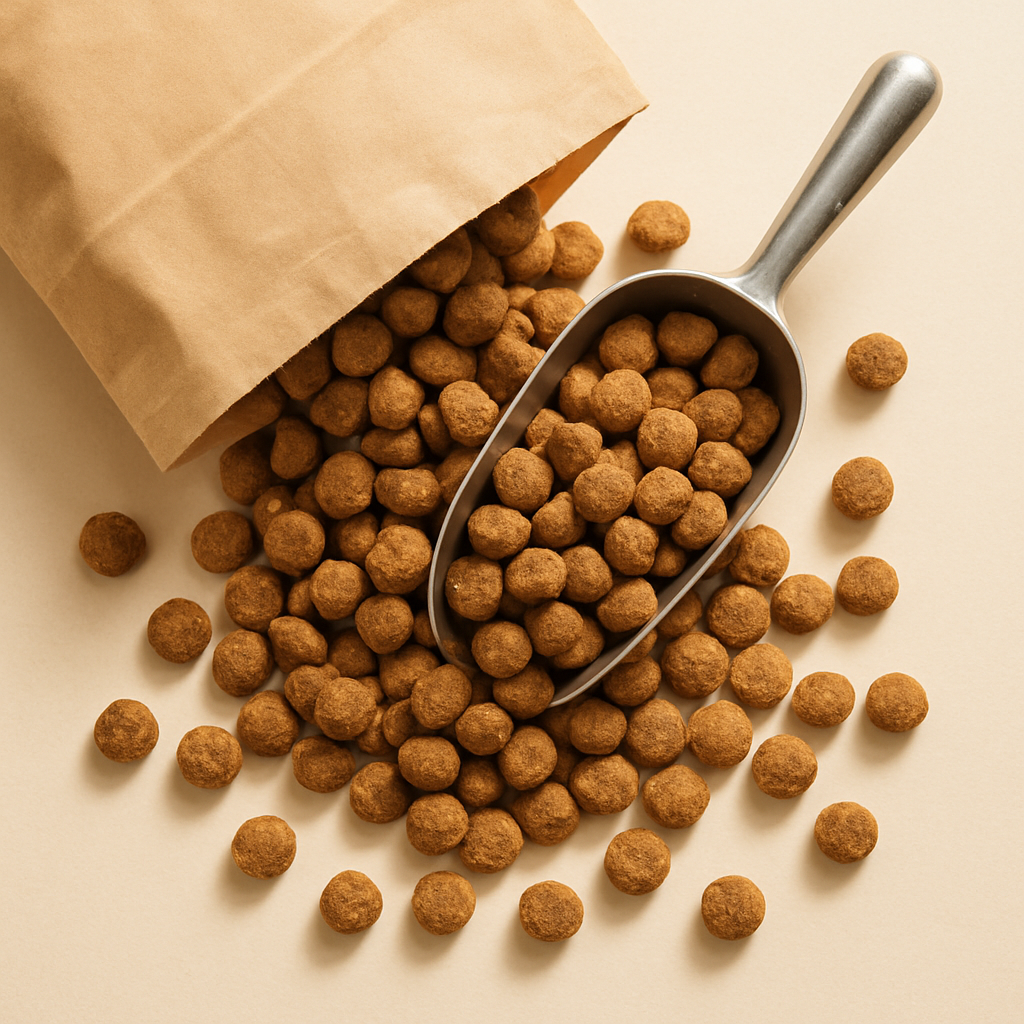 Close-up of brown dog food kibble spilling from a plain unbranded bag with a scoop