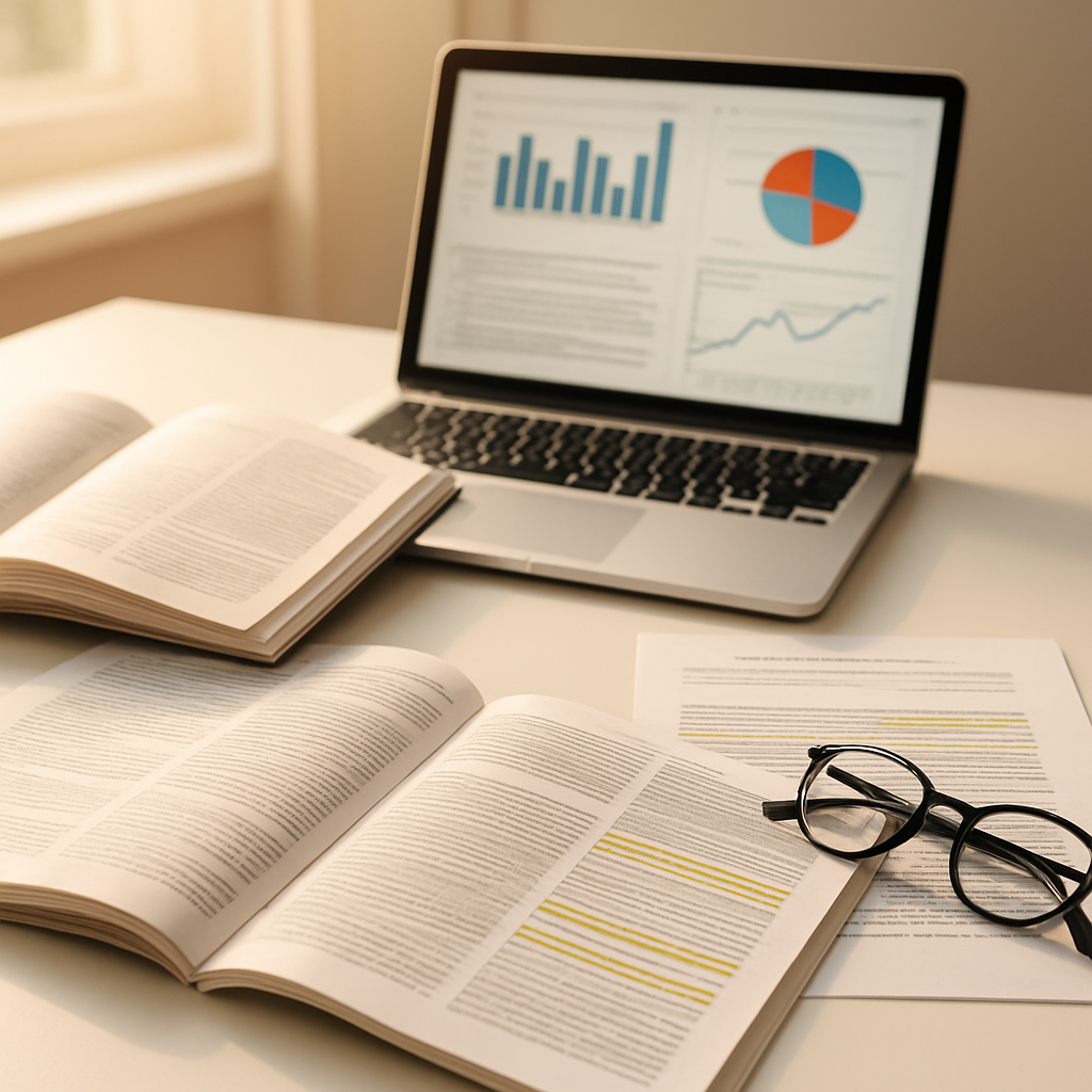 Open scientific journals and printed research papers with data charts on a desk