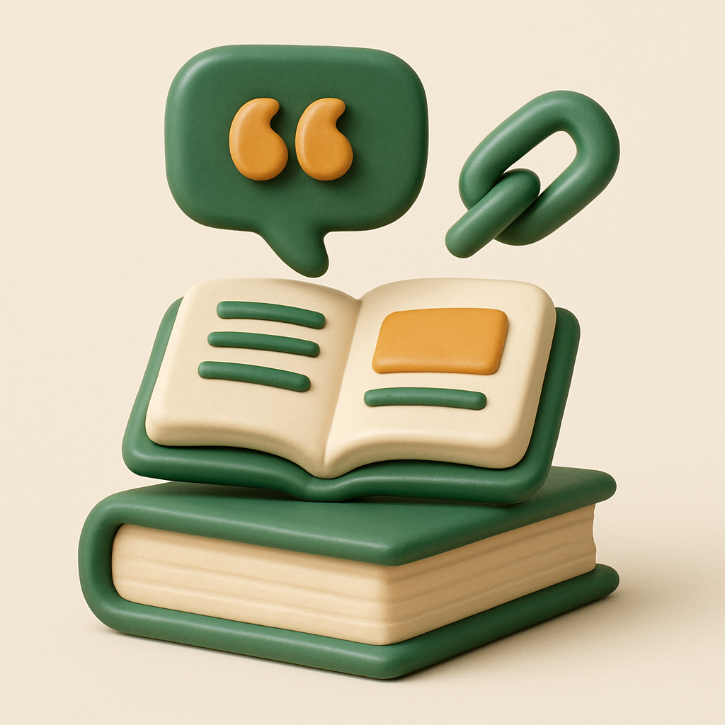 Stacked research papers with citation marks