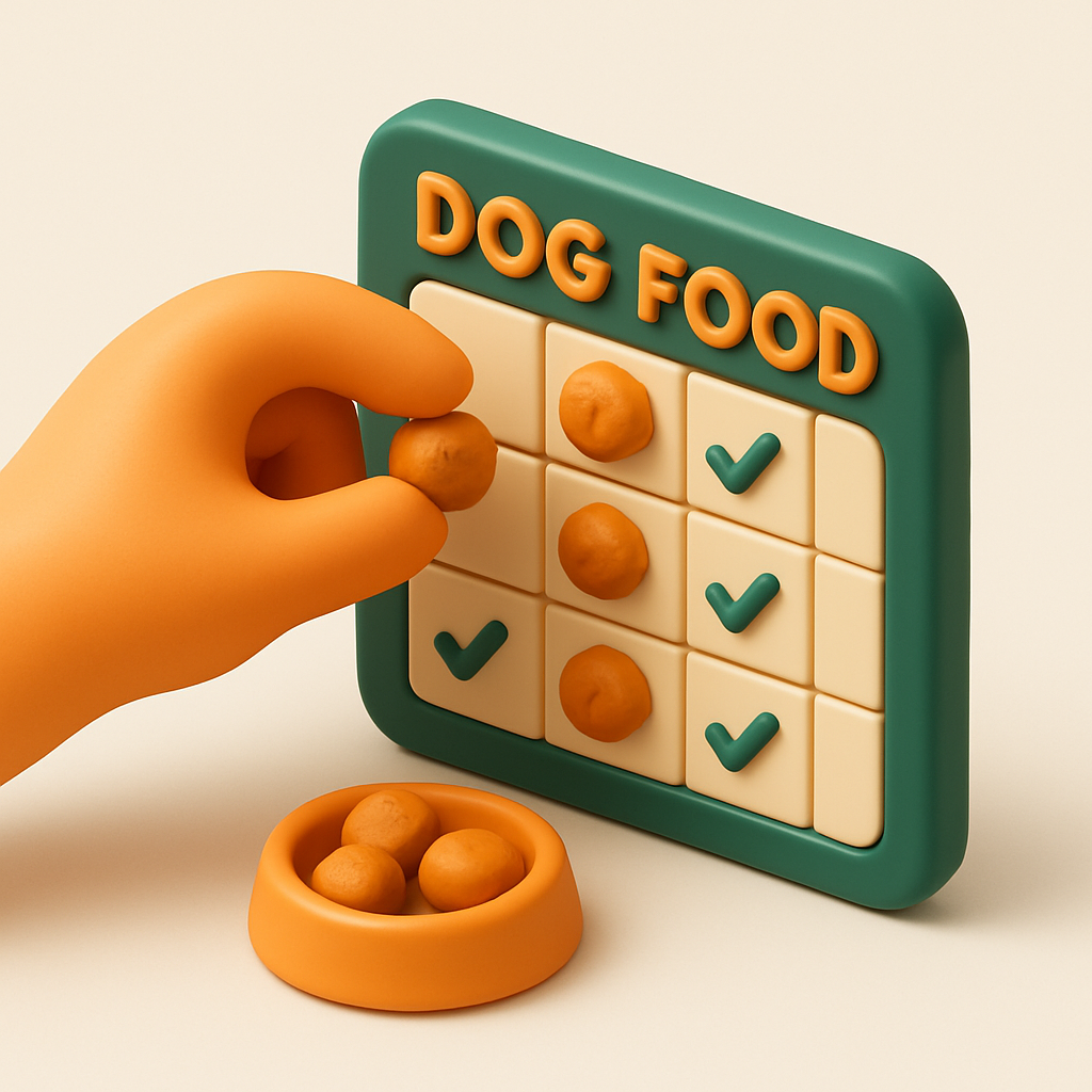 Hand sorting dog food kibble into a labeled analysis grid